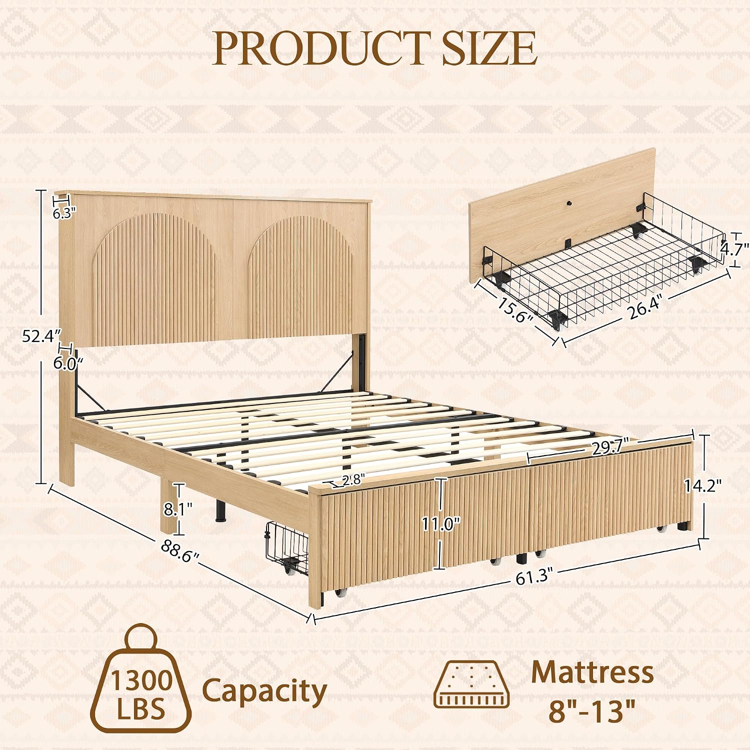 XIAO WEI Fluted Queen Bed Frame with 52.4' Tall Headboard, Bed Frame with Storage Drawers,Wooden Bed Frame with 8' Underbed Storage, No Box Spring Needed,Natural