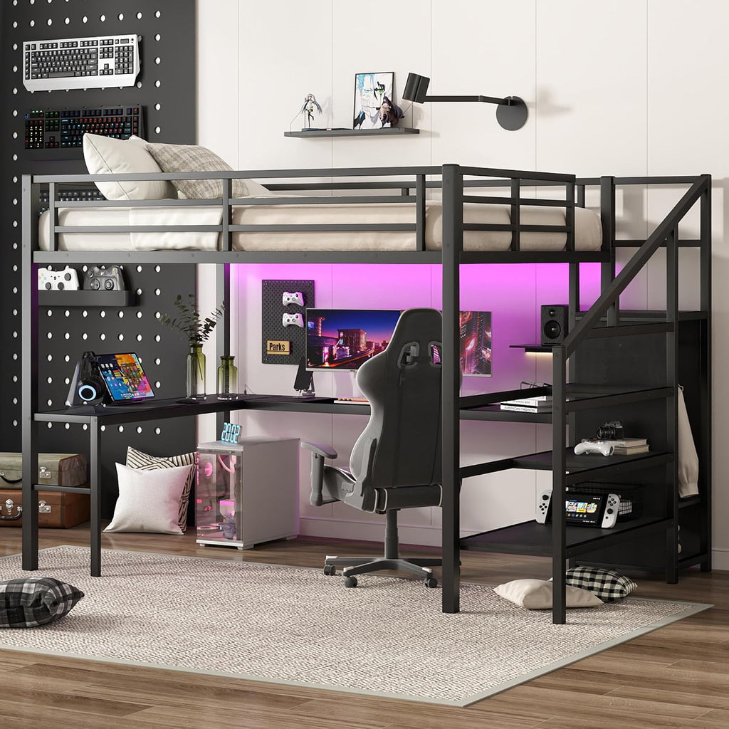 Bellemave Metal Queen Size Loft Bed with Desk and Storage Stairs,Heavy Duty Loft Bed Frame Queen Size with LED Lights,Wardrobe and Charging Station for Kids,Teens,Adults,Black
