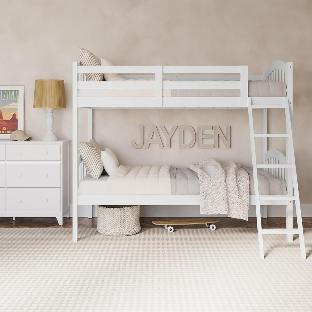 Storkcraft Long Horn Twin-Over-Twin Bunk Bed (White) - GREENGUARD Gold Certified, Converts to Two Twin Beds, Wood Bunk Bed for Kids Bedroom