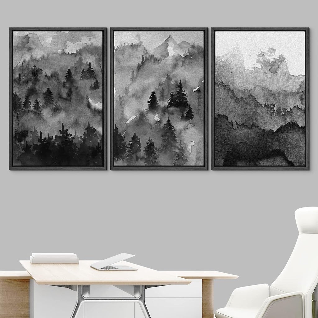 NWT Framed Canvas Print Wall Art Set Pastel Watercolor Dark Mountain Forest Nature Wilderness Illustrations Modern Art Decorative Landscape Rustic for Living Room, Bedroom, Office - 16'x24'x3 Black