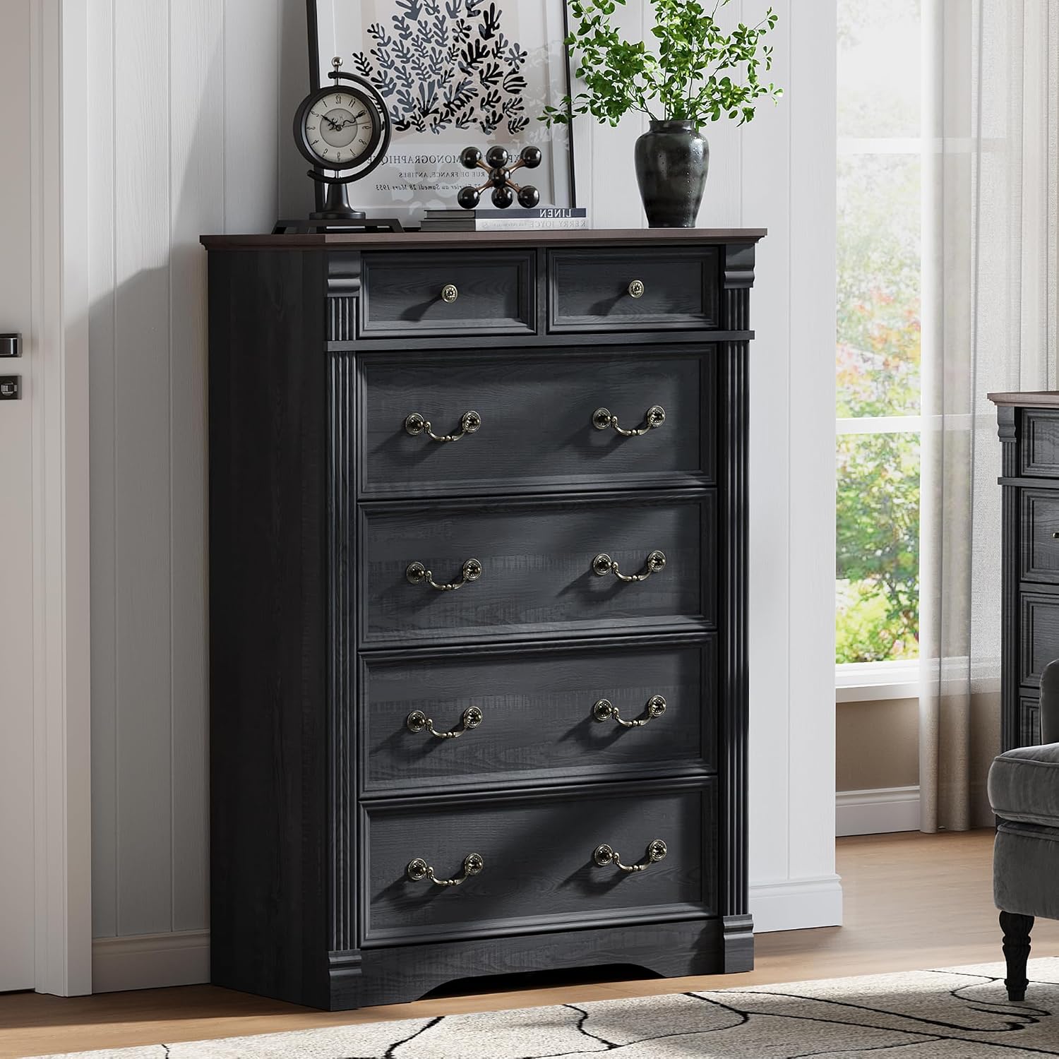 Bedroom Sets 2 Pieces, Farmhouse 6 Drawer Dresser and Nightstand Sets, Wood Furniture Set for Home, Bedroom, Living Room, Hallway, Black