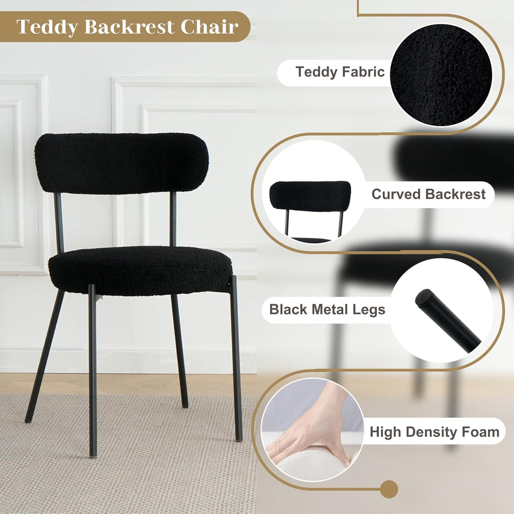 RGZ 5 Piece Luxury Round Dining Table Set, 47'' Modern Circle Kitchen Set for 4, 4 Person Clear Glass Circular Top Dinner Room Set, Black Boucle Chairs, for Living Room Large Apartment (Black)