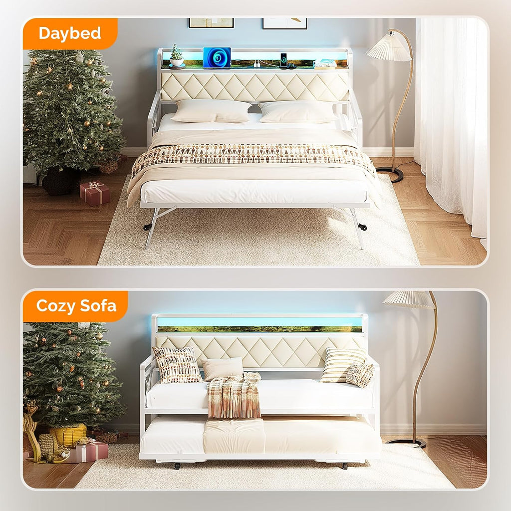 VINGLI Twin Daybed with Trundle Bed, Sofa DayBed with LED Light & Charing Station, Upholstered Bed Frame with Storage Headboard and Heavy Duty Metal Slats, for Living Room, Bedroom, Guest Room, White