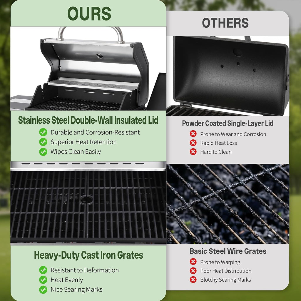 Gas and Charcoal Grill Combo with Side Burner, 4-Burner Propane Grill and Griddle Combo with Porcelain-Enameled Cast Iron Grates & Double-Wall Insulated Lid, 49,000 BTU Outdoor BBQ Grill