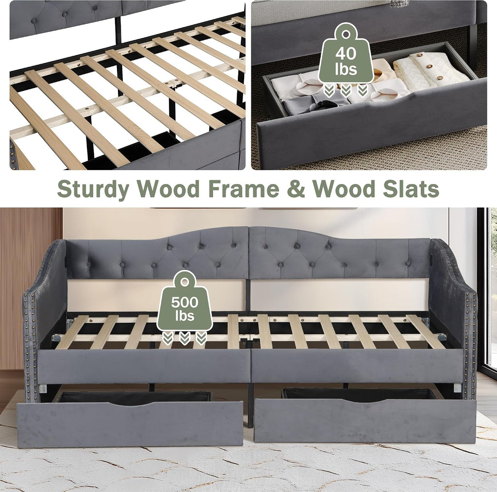 Full Size Daybed with Storage Drawers, Upholstered Daybed with 2 USB Ports, Sturdy Wood Frame,Day Bed for Bedroom