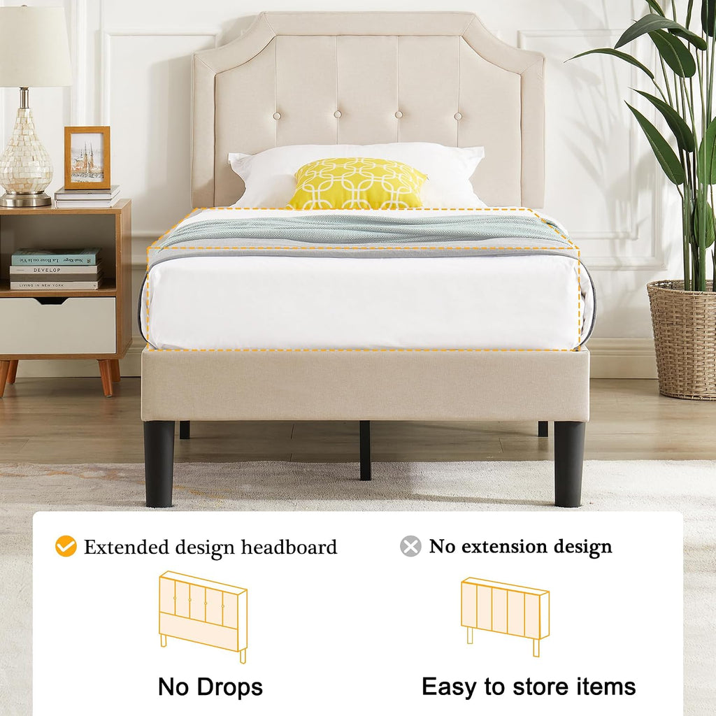 VECELO Twin Size Platform Bed Frame with Fabric Upholstered Headboard and Wooden Slats Support, No Box Spring Needed/Easy Assembly,Beige