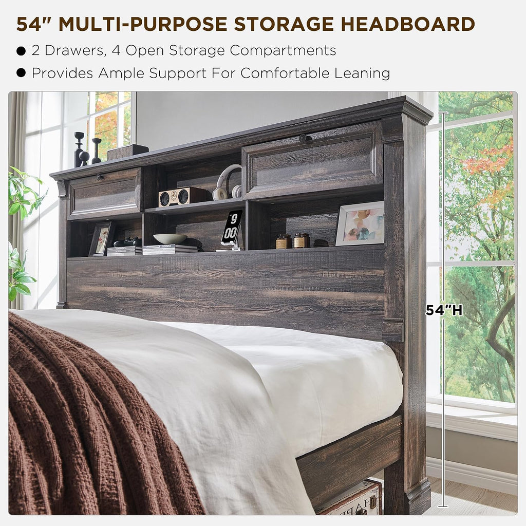 T4TREAM Farmhouse Queen Size Bed Frame with 54' Tall Storage Bookcase Headboard, Wood Platform Bed Frame with 18' Tall Roman Column Decoration Footboard & 2 Drawers(Dark Rustic Oak)