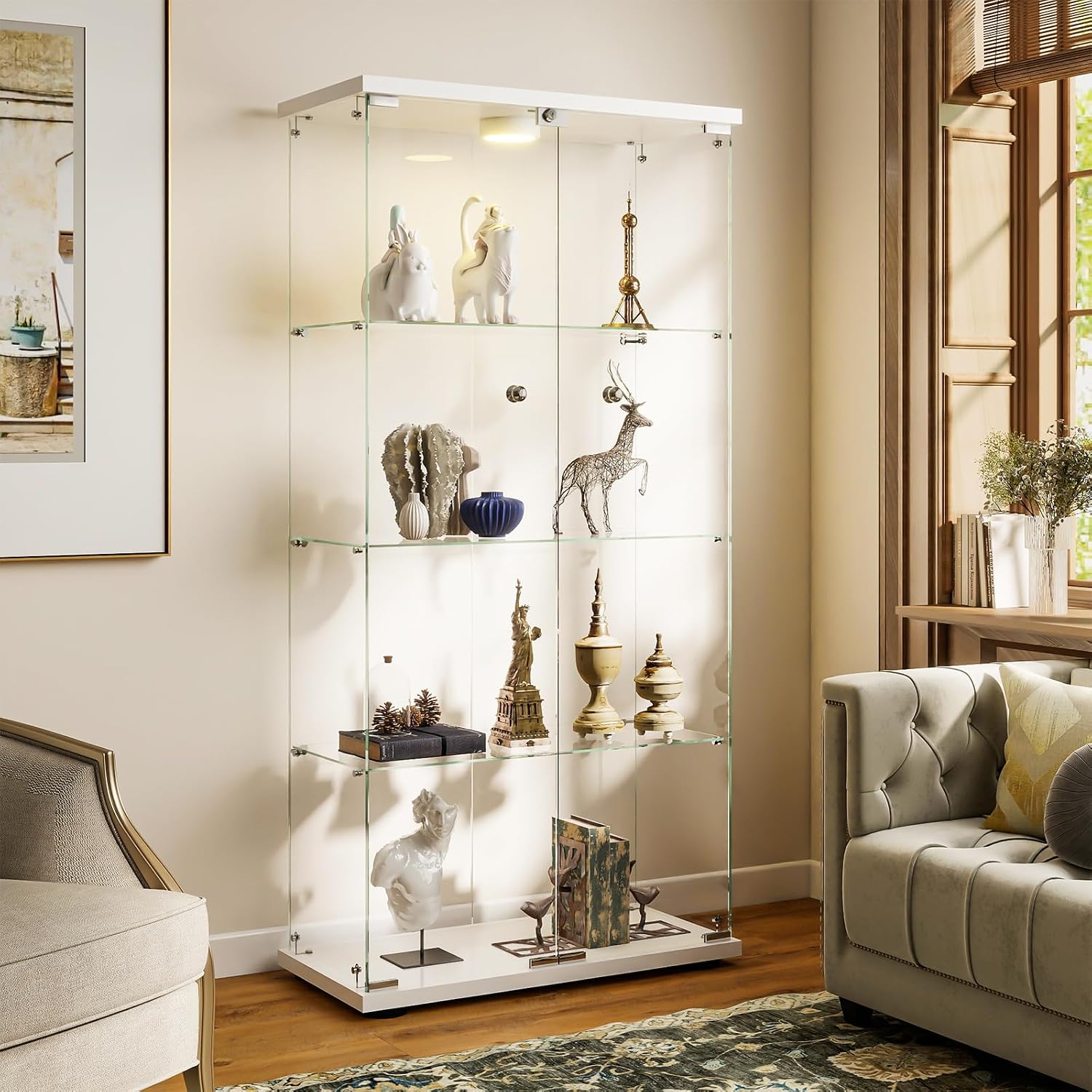 Glass Display Cabinet with LED Lights and Lock, 4-Shelf Tempered Glass Curio Cabinet with 2 Doors, Collectible Display Showcase for Living Room, Bedroom – White