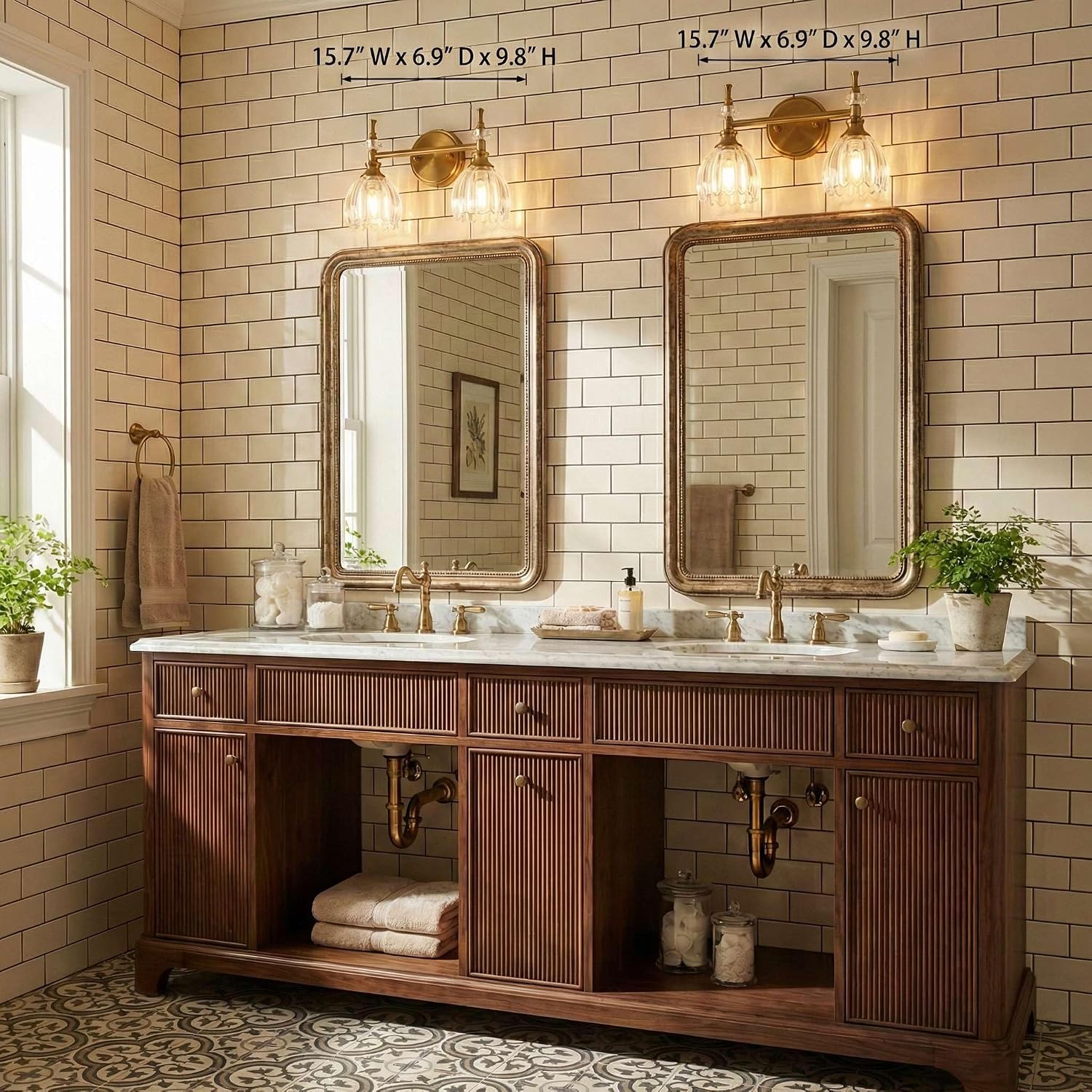 ANDY STAR Transitional 2-Light Bathroom Vanity Light, Brushed Gold Wall Sconce, Tulip Ribbed Glass with Crystal Accent, Reversible Mounting