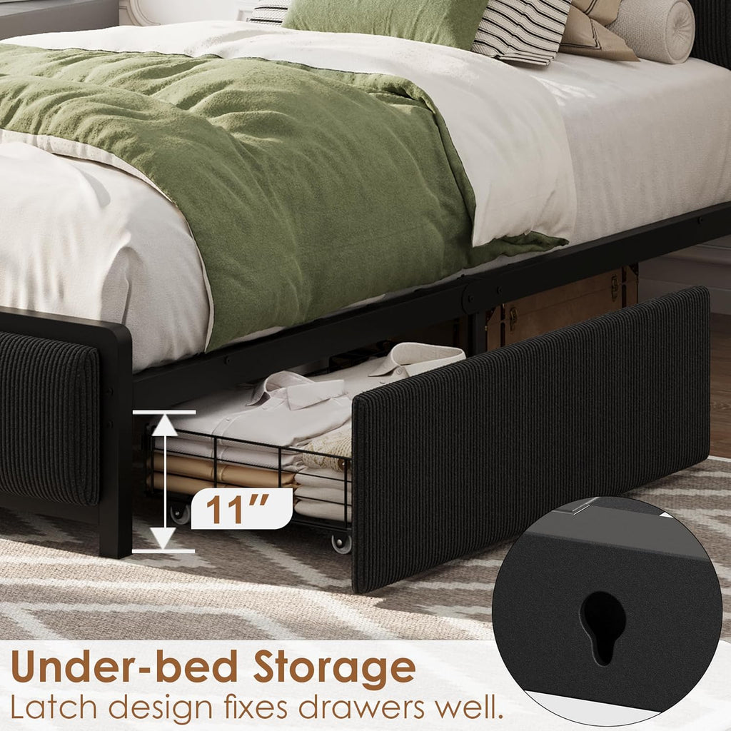 GAOMON Twin Size Bed Frame with 2 Storage Drawers and Charging Station, Rustic Velvet Upholstered Platform Bedframe with Storage Headboard, No Box Spring Needed, Easy Assembly, Noise Free, Black
