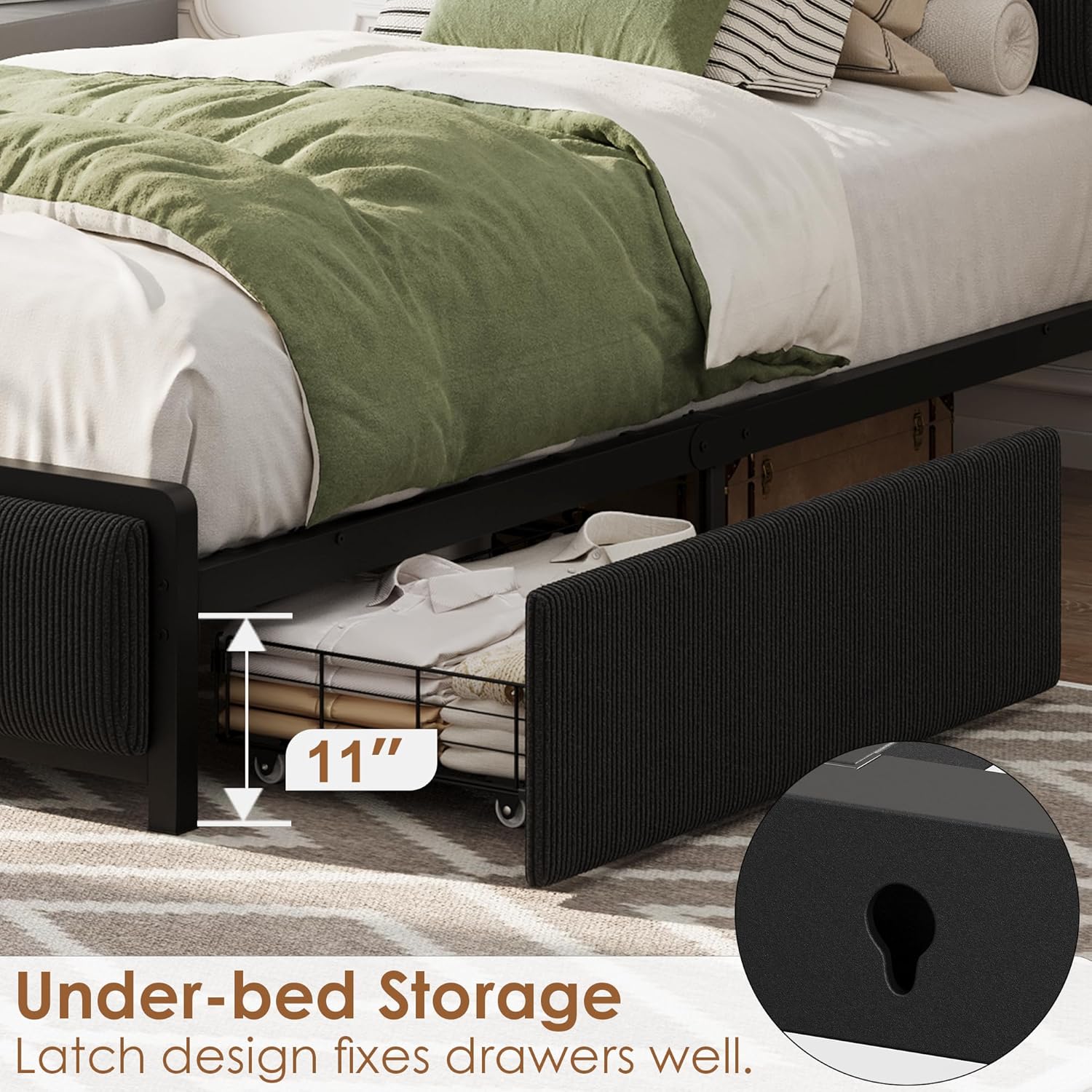 GAOMON Twin Size Bed Frame with 2 Storage Drawers and Charging Station, Rustic Velvet Upholstered Platform Bedframe with Storage Headboard, No Box Spring Needed, Easy Assembly, Noise Free, Black