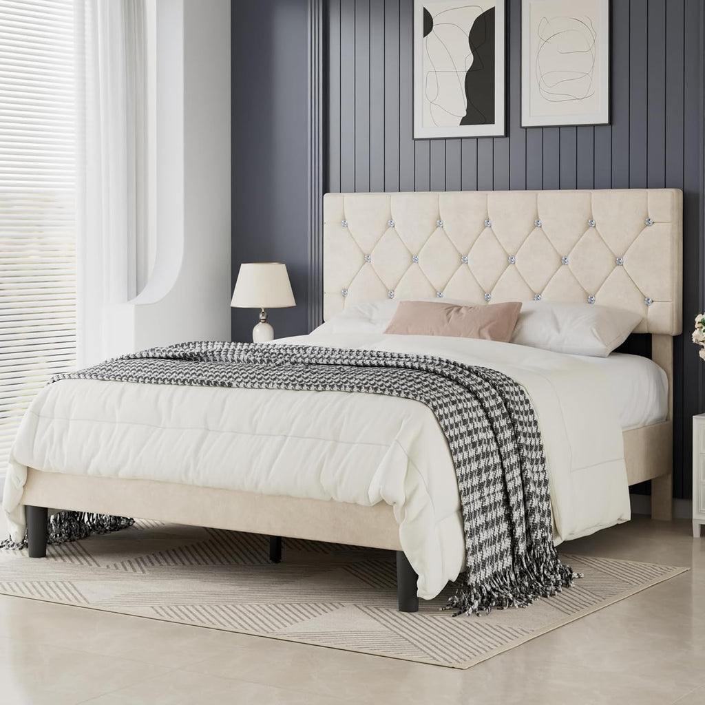 VECELO Full Size Bed Frame with Diamond Tufted Headboard, Upholstered Platform Bedframe with Wood Slat Support, No Box Spring Needed, Pala Beige