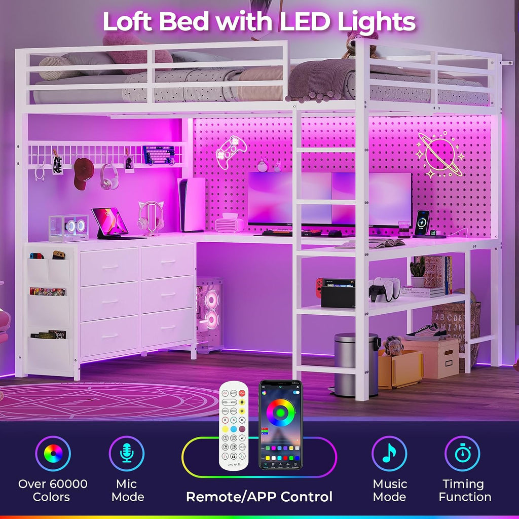 ADORNEVE Loft Bed Full Size with U-Shaped Desk, 6 Storage Drawers, Power Outlet, LED Metal Loft Bed with 2 Storage Shelves, Bed with Safety Guardrail & Ladders,Space-Saving,White