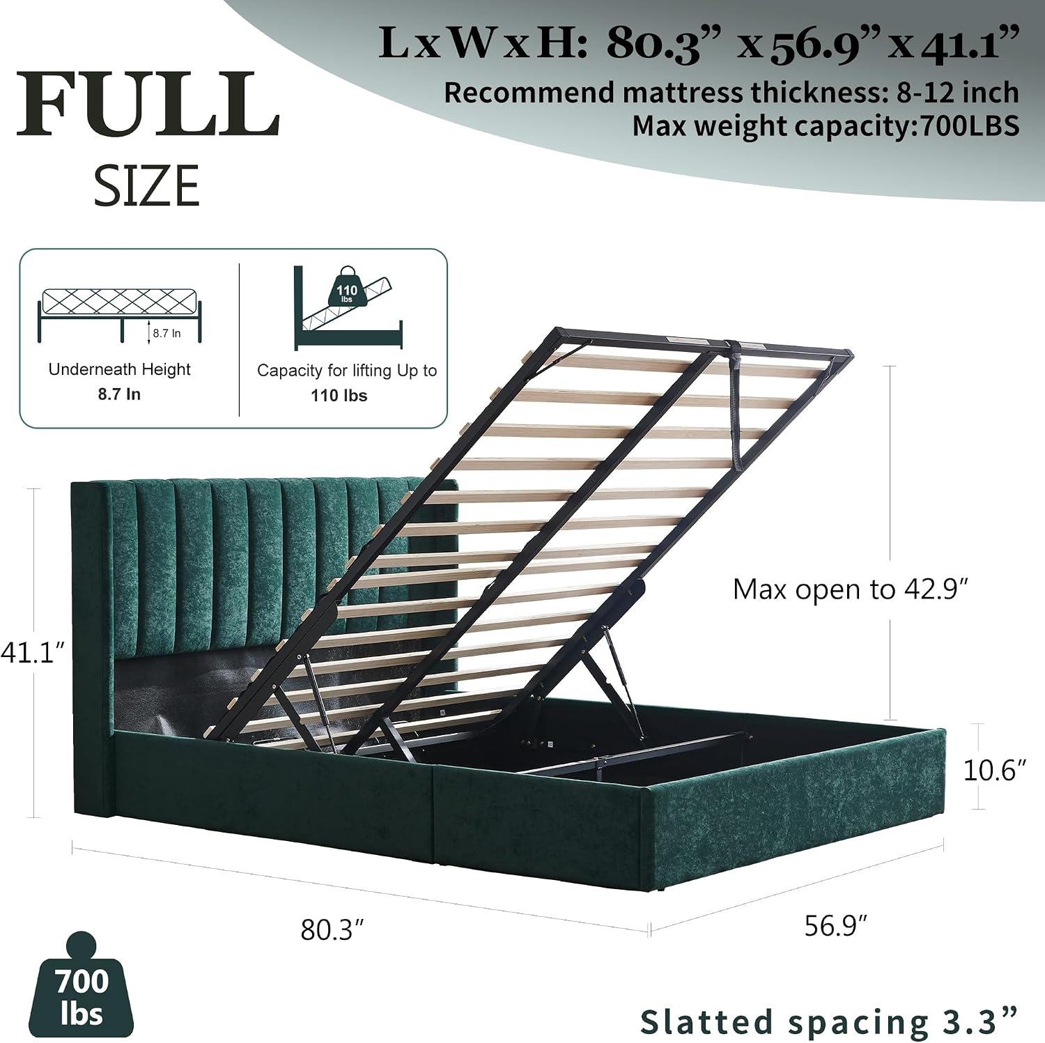 YUHUASHI Queen Size Hydraulic Storage Bed, Upholstered Platform Bed Frame, Modern Wingback Design Headboard, Velvet Fabric with Hydraulic Support Bars, No Box Spring Required (Ink Green, Full)