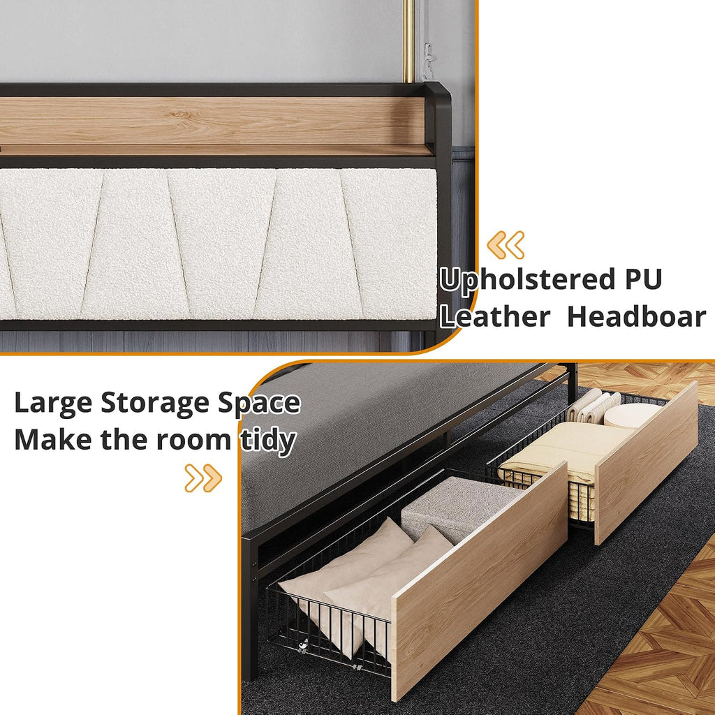 LIKIMIO California King Size Bed Frame, Storage Headboard with Charging Station, Platform Bed with Drawers, No Box Spring Needed, Easy Assembly, Wood and Cream