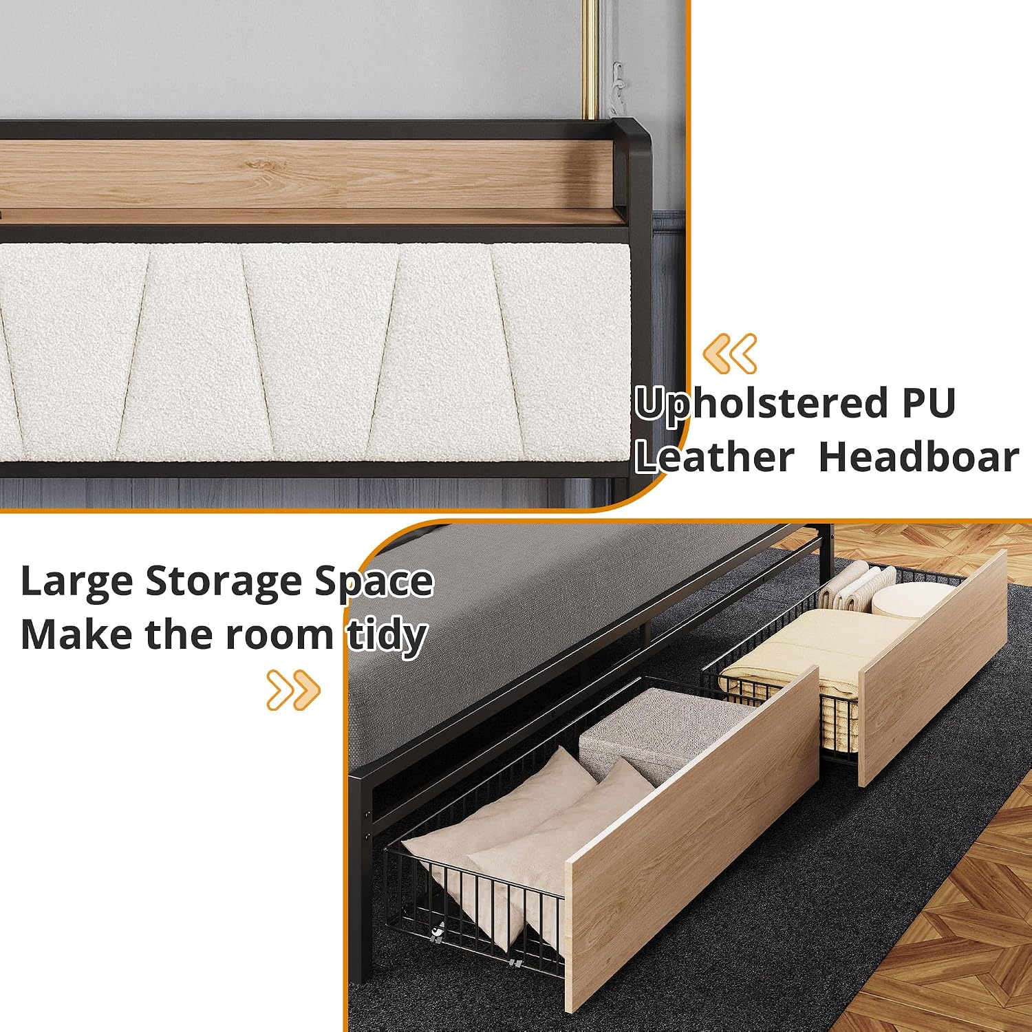 LIKIMIO California King Size Bed Frame, Storage Headboard with Charging Station, Platform Bed with Drawers, No Box Spring Needed, Easy Assembly, Wood and Cream