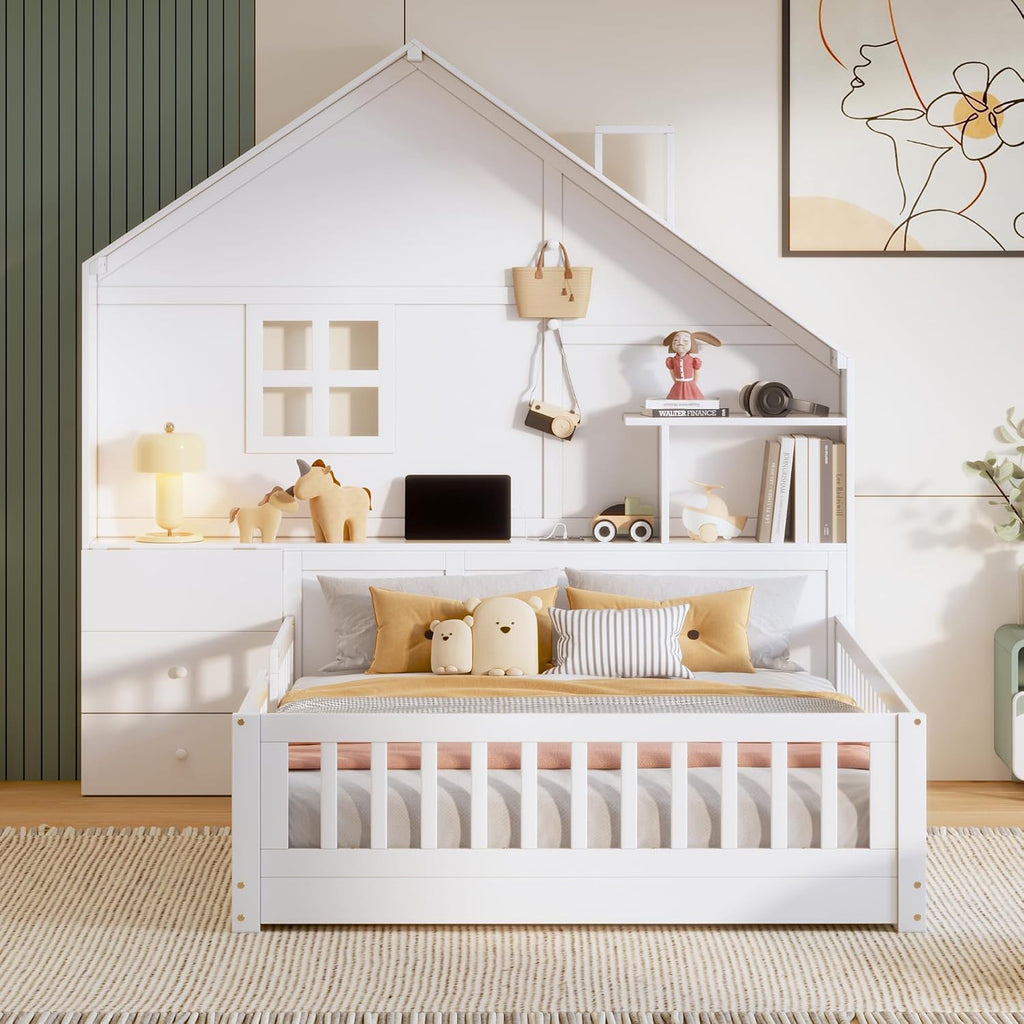 VilroCaz Full Size Kids Floor Bed with Safety Fence, Solid Wood Montessori Platform Bed with House Shape Headboard with Bedside Drawers, Shelves, Sockets and USB Port for Kids Boys Girls (White-LF)