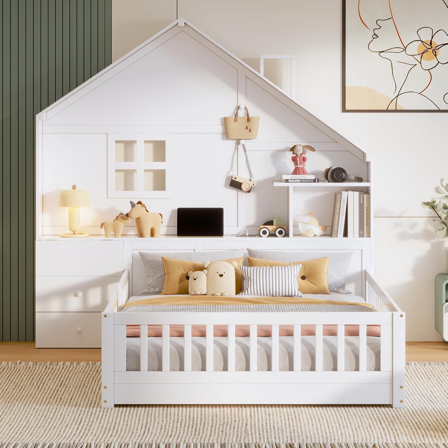 VilroCaz Full Size Kids Floor Bed with Safety Fence, Solid Wood Montessori Platform Bed with House Shape Headboard with Bedside Drawers, Shelves, Sockets and USB Port for Kids Boys Girls (White-LF)