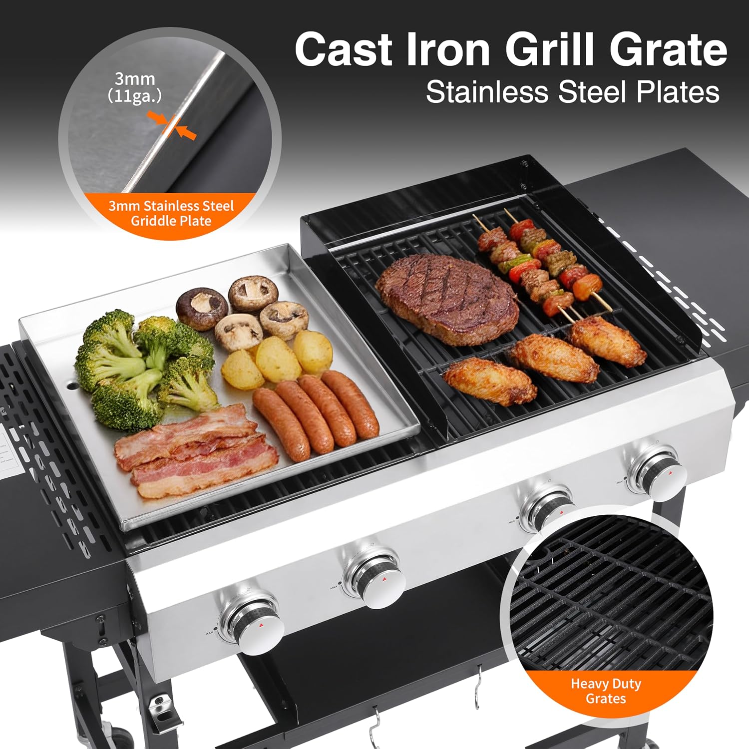 Propane Gas Griddle Grill Combo, 2-in-1 BBQ with Flat Top & Cast Iron Grate, 4 Burner Outdoor Cooking Station with Folding Shelf & Wheels, Stainless Steel Cart for Backyard Patio