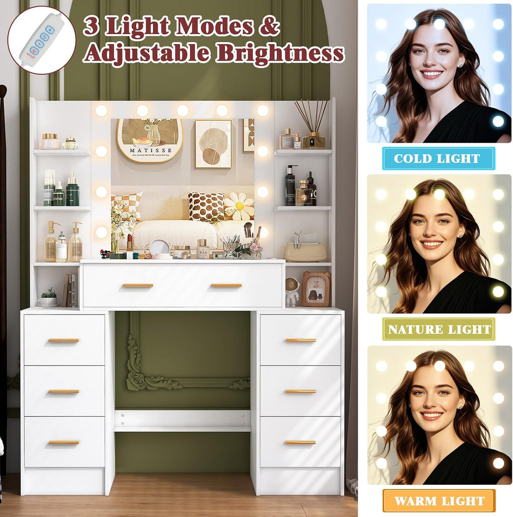 Vanity Desk with Mirror and Lights, Vanity Table with 7 Drawers and 6 Storage Shelves, 3 Lighting Modes Adjustable, Dressing Table Vanity Set, Makeup Vanity Table for Bedroom, Dressing Room, White