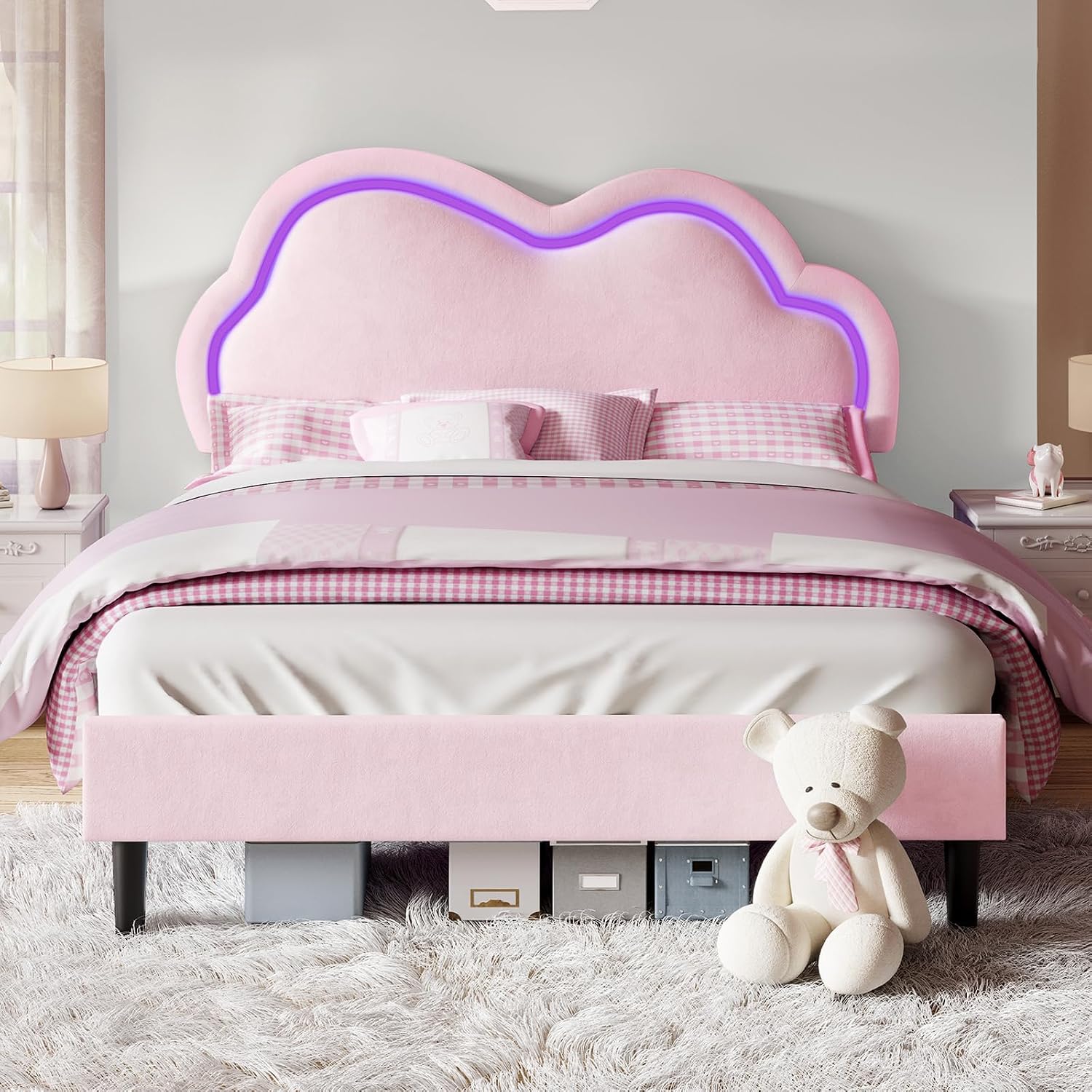 Jocisland Full Bed Frame for Girls with Adjustable Cloud Headboard, Velvet Upholstered & RGB Lights, 7.1' Underbed Storage, No Box Spring Needed, Pink | Cloud Shape Design
