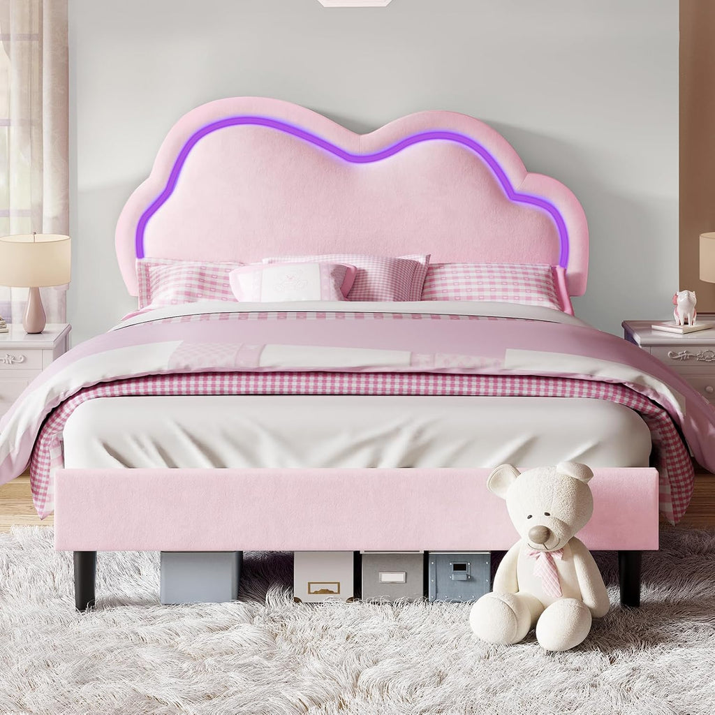 Jocisland Twin Bed Frame for Girls with Adjustable Cloud Headboard, Velvet Upholstered & RGB Lights, 7.1' Underbed Storage, No Box Spring Needed, Pink | Cloud Shape Design