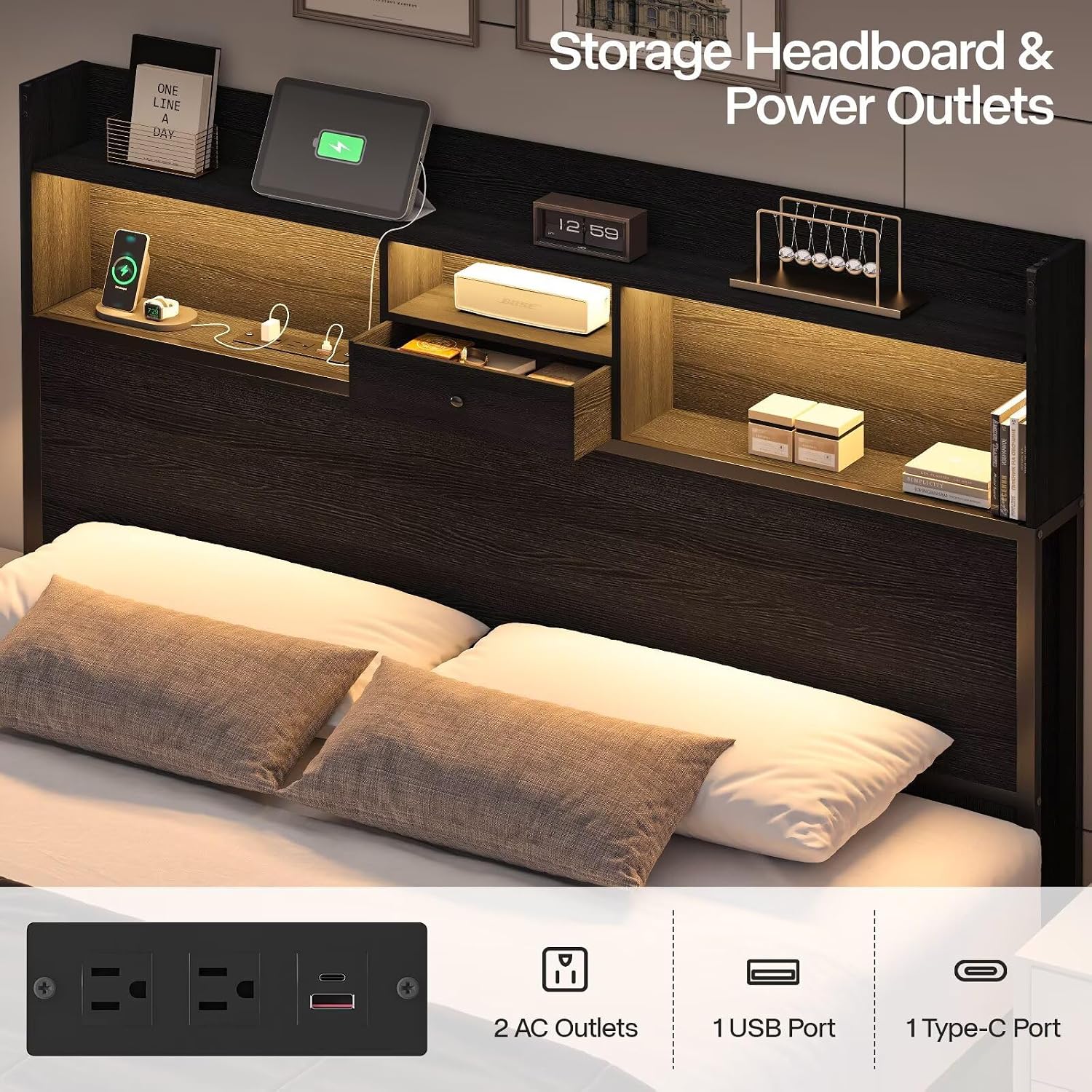 Full Size Bed Frame with Tall Headboard and LED Lights, 51.2' Bookcase Black Bed Frame Full with Storage Drawers and Charging Station, Platform Metal Bed Frames, No Box Spring Needed, Black