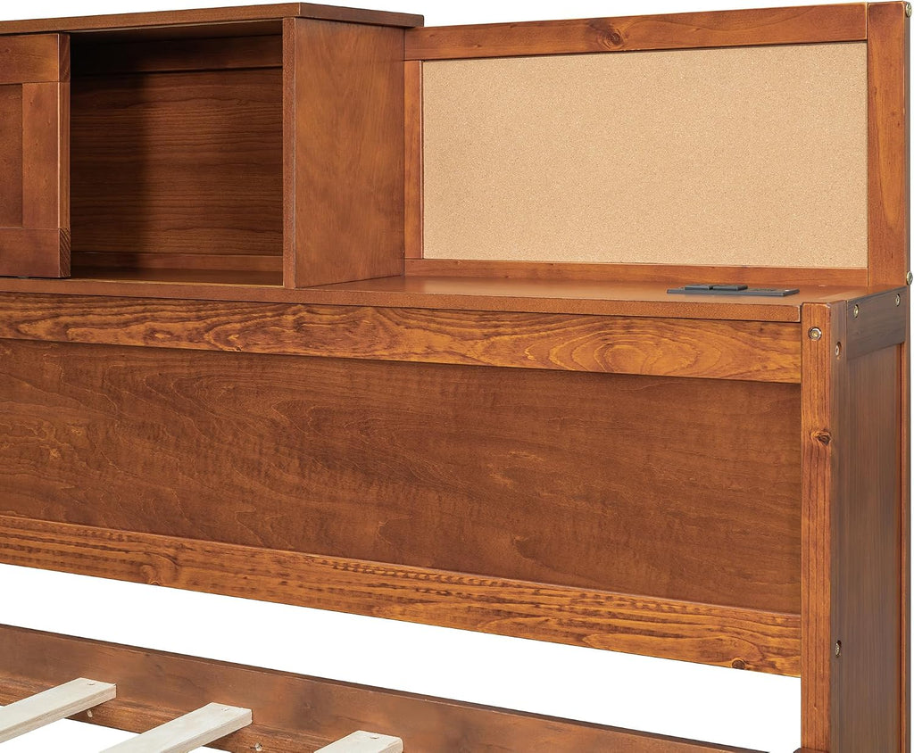 Wooden Daybed with 3 Storage Drawers, Upper Soft Board, Shelf, and a Set of Sockets and USB Ports, Multi-Functional Bed Frame for Bedroom, Twin Size, Walnut