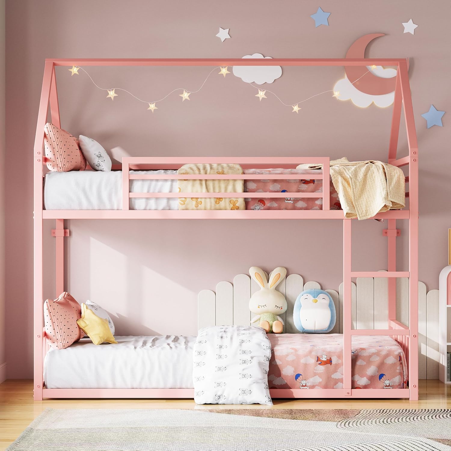 LIKIMIO Bunk Bed Twin Over Twin, House Bunk Bed Frame with Ladder and Guardrail, House Shaped with Metal Slats for Dormitory and Bedroom, Space Saving, No Box Spring Needed, Pink