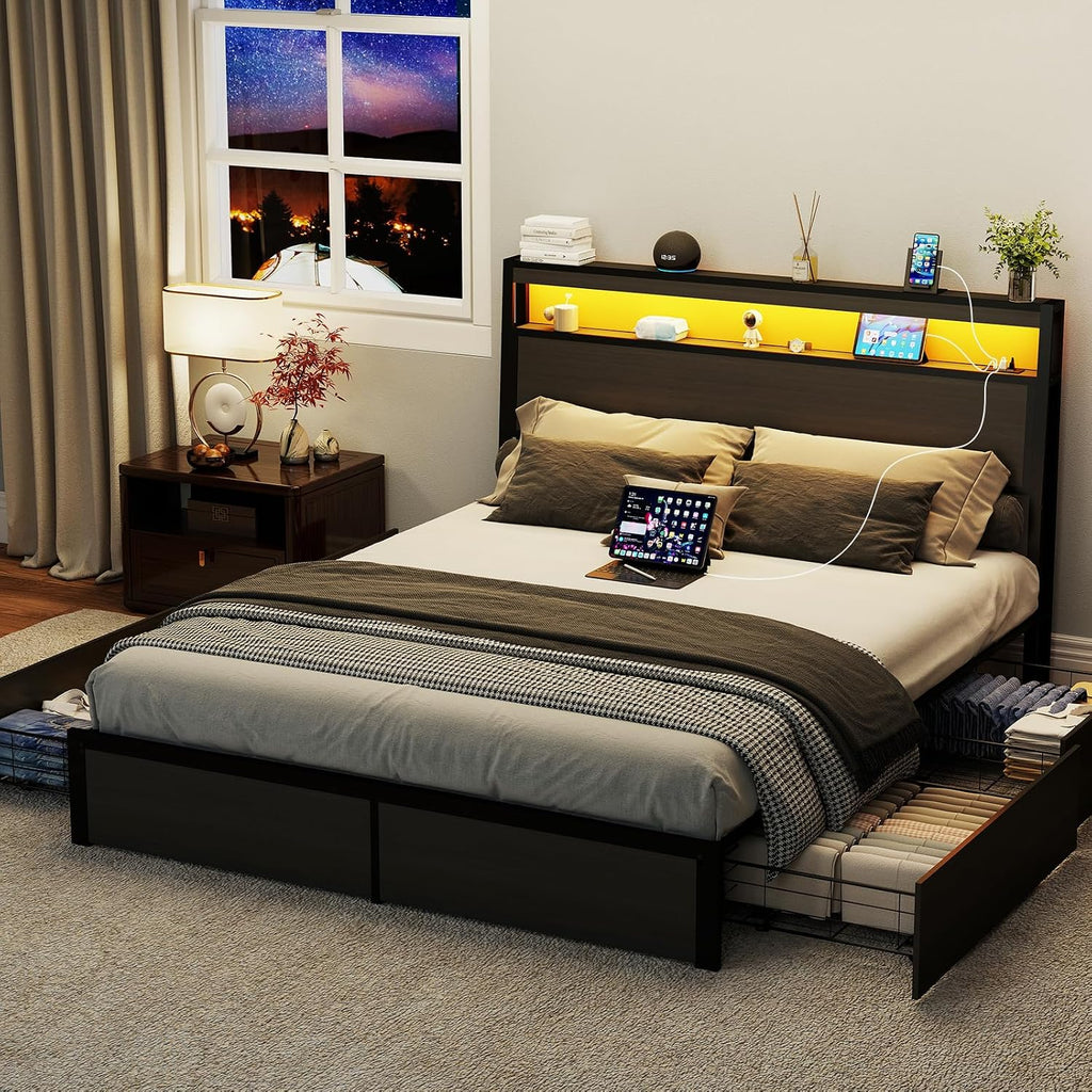 SADENICEL Queen Bed Frame with Storage Headboard and 4 Drawers, Metal Platform Bed Frame with LED Light, Charging Station, No Box Spring Needed, Noise Free, Easy Assembly, Rustic Grey