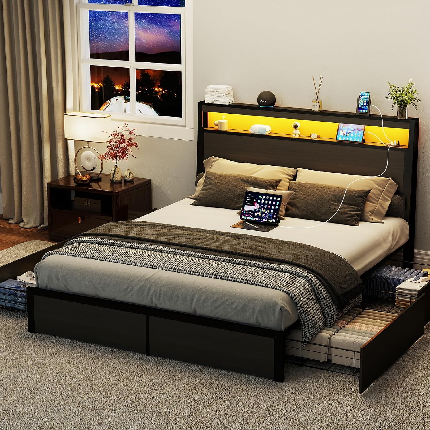 SADENICEL Queen Bed Frame with Storage Headboard and 4 Drawers, Metal Platform Bed Frame with LED Light, Charging Station, No Box Spring Needed, Noise Free, Easy Assembly, Rustic Grey