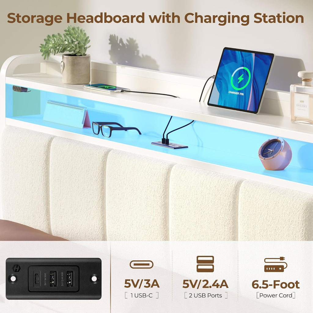 Rolanstar Bed Frame Queen Size with Charging Station and LED Lights, Upholstered Headboard with Storage Shelves, Heavy Duty Metal Slats, No Box Spring Need, Noise Free, Easy Assembly, White