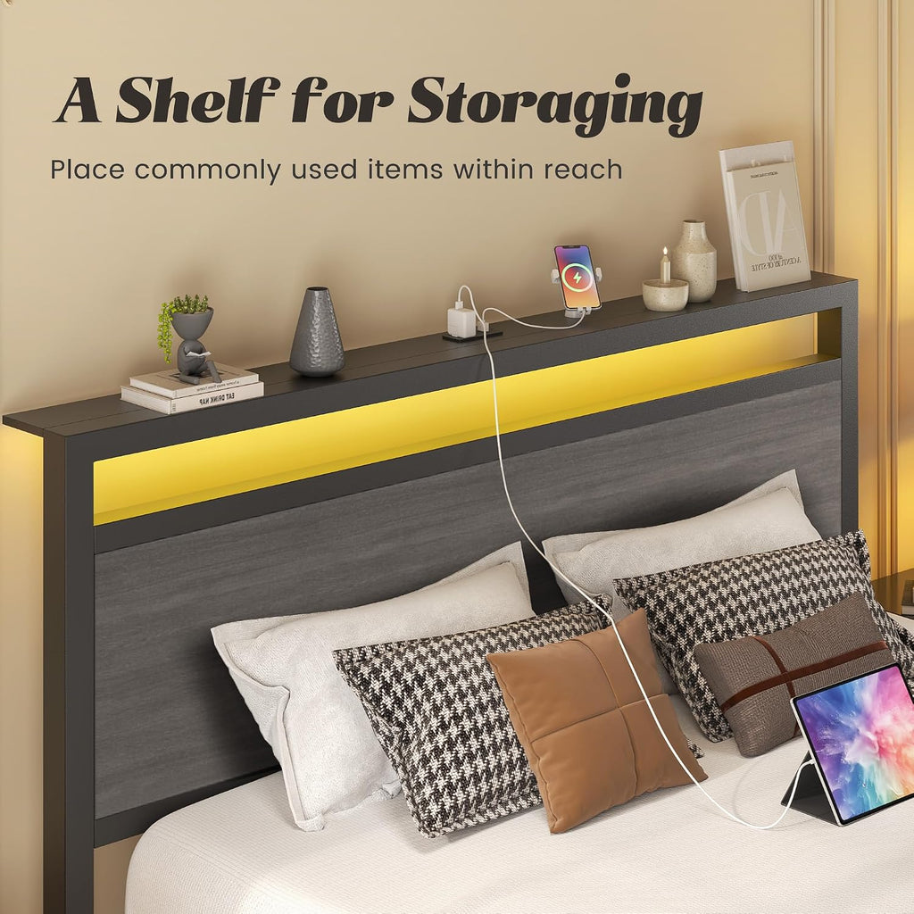 Fluest Queen Bed Frame with Headboard & Footboard, Bed Frame with Built-in Charging Station & LED Light, Storage Shelf, Noise-Free, No Box Spring Needed, Easy Assembly, Rustic Grey