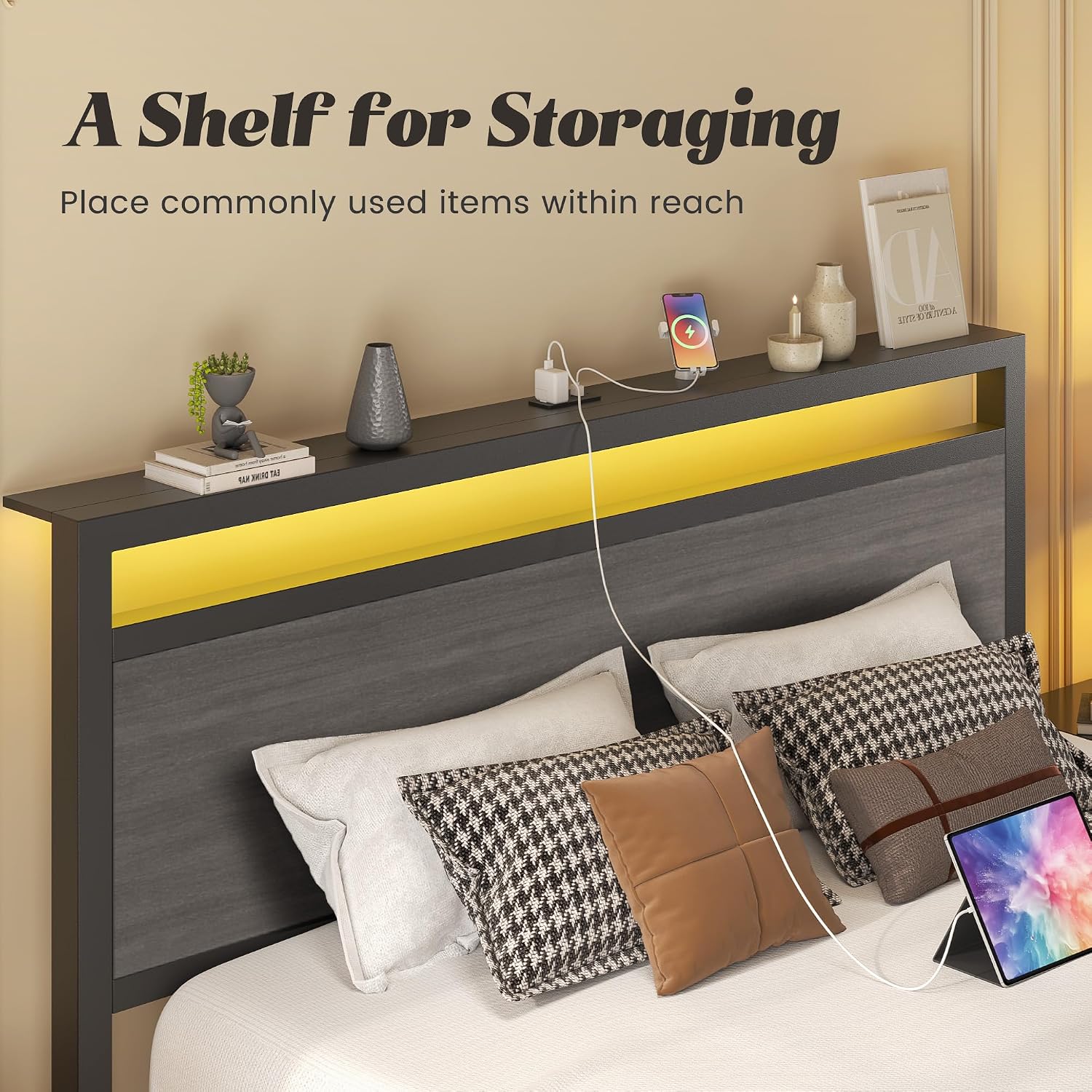 Fluest Queen Bed Frame with Headboard & Footboard, Bed Frame with Built-in Charging Station & LED Light, Storage Shelf, Noise-Free, No Box Spring Needed, Easy Assembly, Rustic Grey