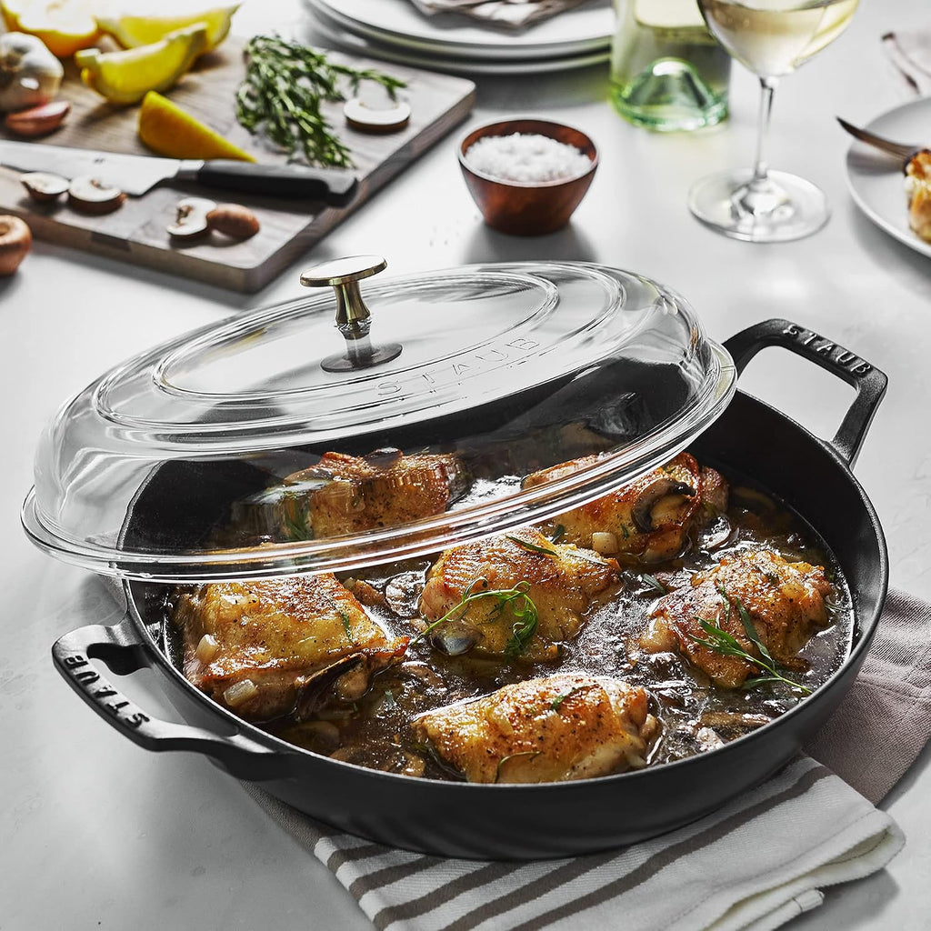Staub Cast Iron Braiser with Glass Lid, Dutch Oven, 3.5-quart, serves 3-4, Made in France, Matte Black