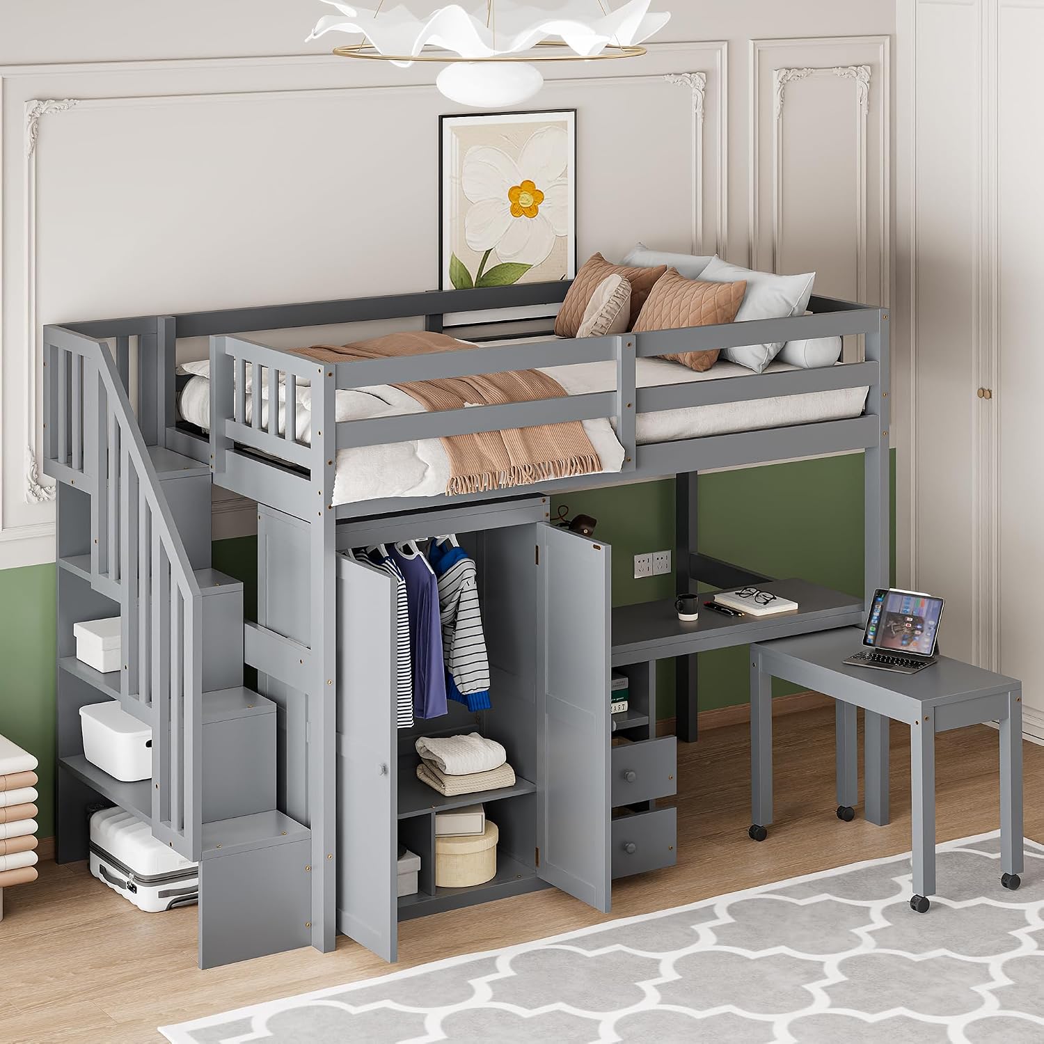Merax Twin Multifunction Loft Bed with Desk, Wardrobe, Drawers, Wood Loft Bed with Staircase & Full Length Gardrails for Boys, Girls, No Box Spring Needed Gray