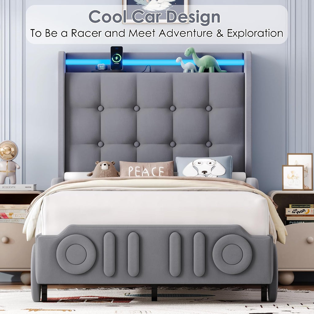 Keyluv Twin Car Bed Frame with LED Lights and Charging Station, Upholstered Platform Bed with Button Tufted Headboard and Wheels, No Box Spring Needed, Noise-Free, Easy Assembly, Velvet Grey