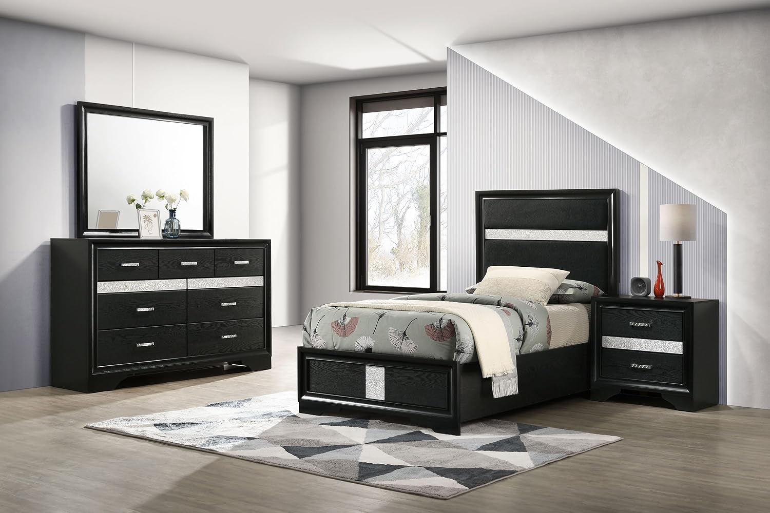 Coaster Home Furnishings Miranda Contemporary 4-Piece Bedroom Set Fabric Upholstered Twin Size Panel Bed Frame 54-inch Headboard Black 206360T-S4