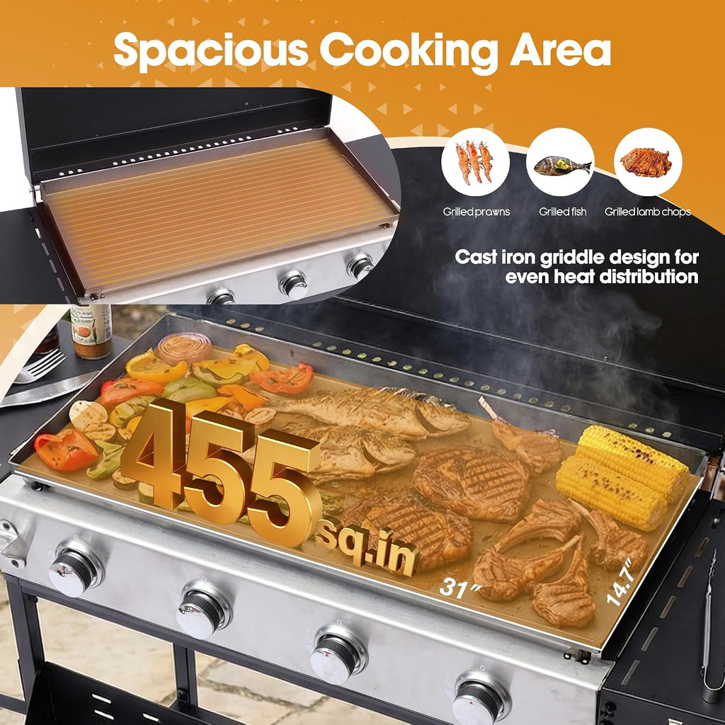 4-Burner Propane Gas Griddle with Removable Cart, 40,000 BTU Output Portable Outdoor BBQ Grill with Wheels, Cast Iron Griddle, Foldable Side Tables and Spice Rack for Backyard, Patio, Camping