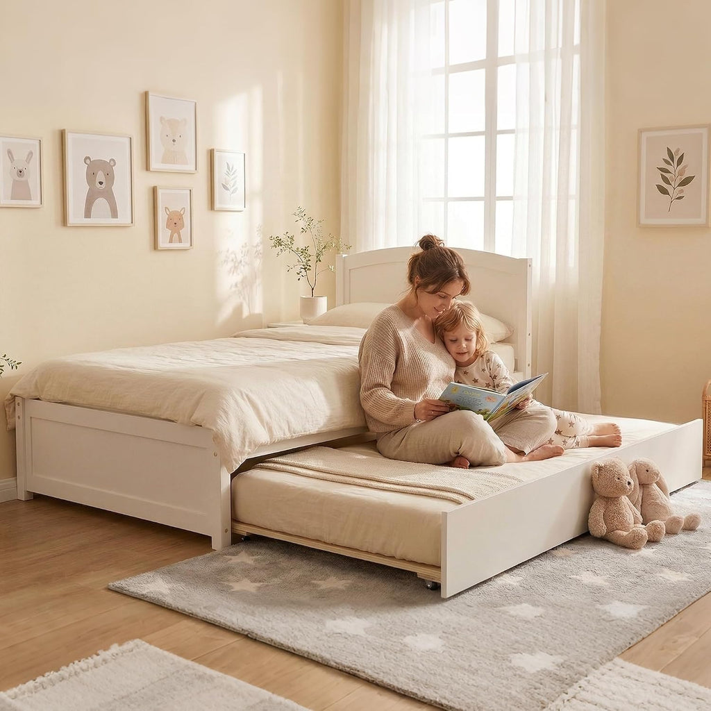 Xilingol Trundle Bed Twin, Solid Wood Bed Frames with Headboard and Wooden Slats Support, Twin Trundle Bed Frame Roll Out, Single Box (No Box Spring Needed), White