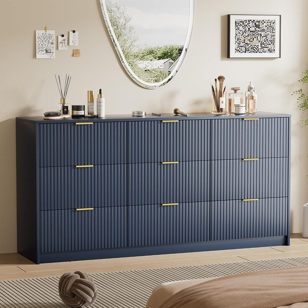 Furniway Blue Dresser for Bedroom, Modern Dresser with 9 Drawers and Smooth Slides, Wide Chest of Drawers with Golden Handles for Bedroom, Living Room, Closet, 15.7' D x 63' W x 31.5' H