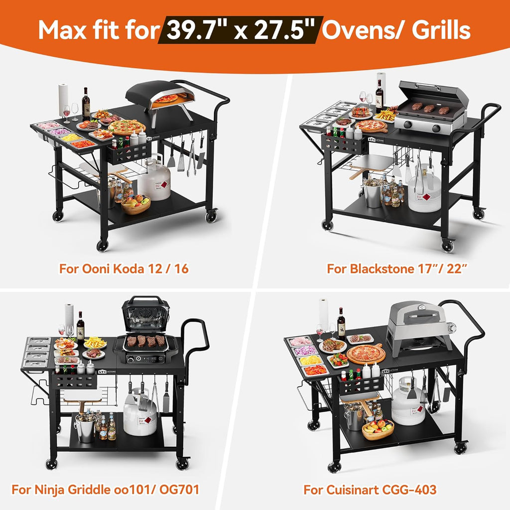 Leteuke Pizza Oven Table, Grill Cart Table for Blackstone Griddle, Outdoor Pizza Oven Stand Fits Ninja, Cuisinart, Gozney, Solo Stove, BBQ Prep Tables Station with Seasoning Tray, 47'x27.5'x30'