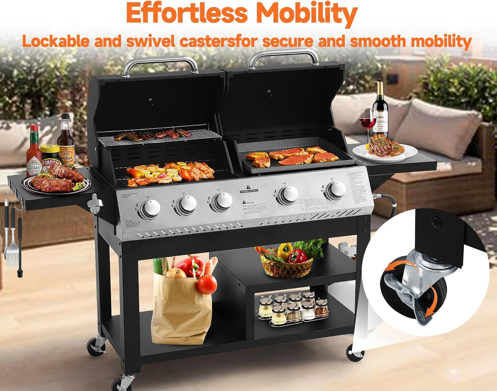 5-Burner Propane Gas Grill with Porcelain-Enameled Cast Iron Grate, Outdoor BBQ Grill 54000 BTU with 2 Side Table, Griddle Grill Combo with Hooks for Patio Garden Backyard Barbecue