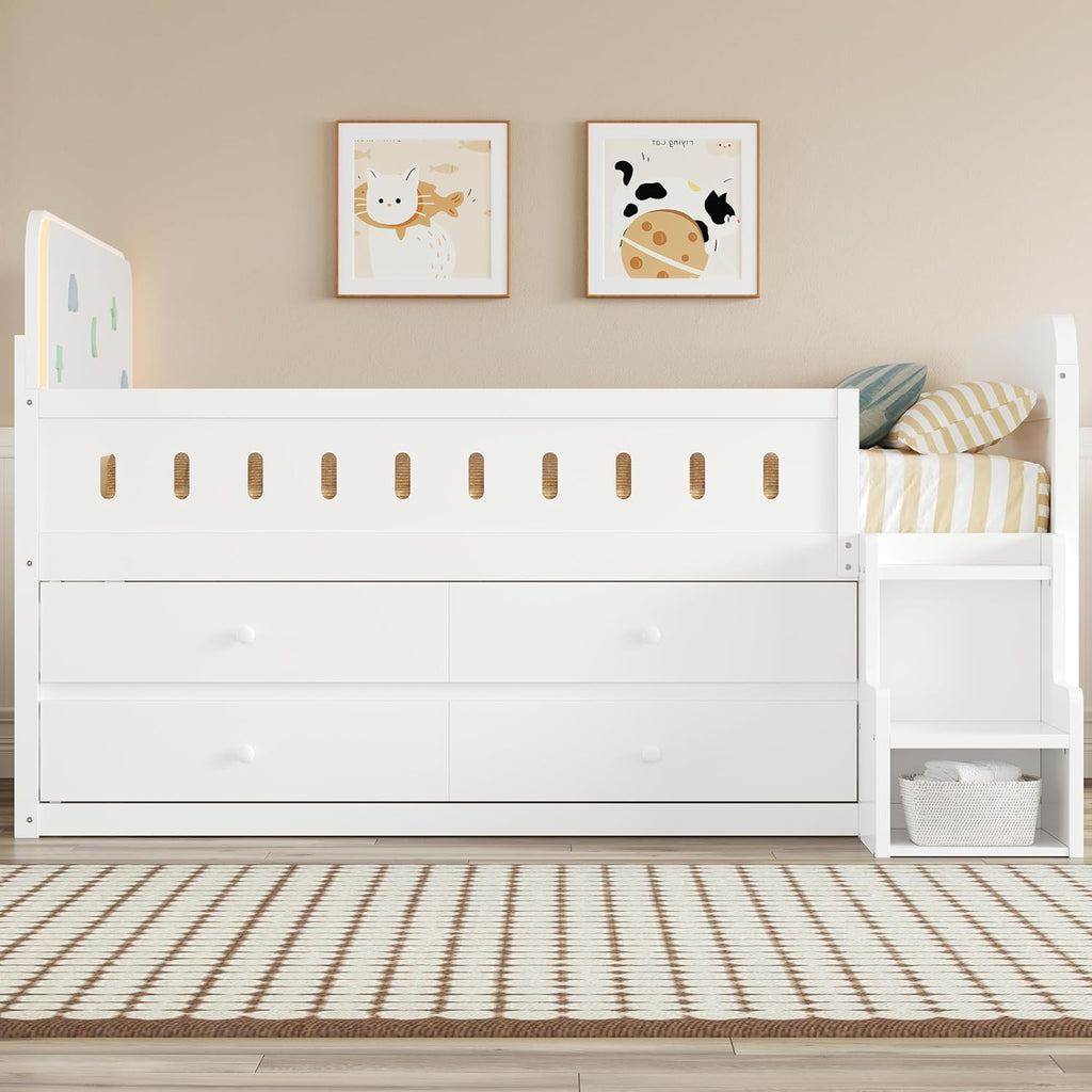 VilroCaz Full Size Platform Bed with Guardrail and 4 Drawers, Wooden Kids Platform Bed Frame with Two-Step Staircases and Light Strip for Boys Girls, Sturdy Slats Support (White-11A)