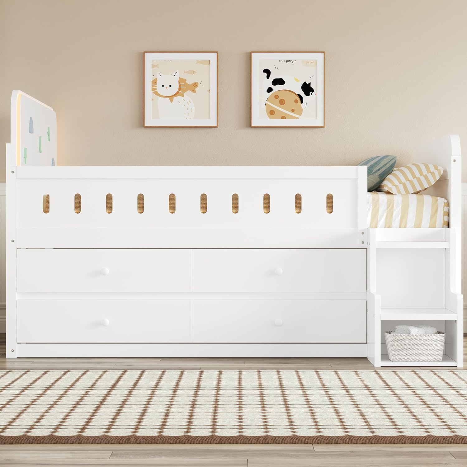 VilroCaz Full Size Platform Bed with Guardrail and 4 Drawers, Wooden Kids Platform Bed Frame with Two-Step Staircases and Light Strip for Boys Girls, Sturdy Slats Support (White-11A)