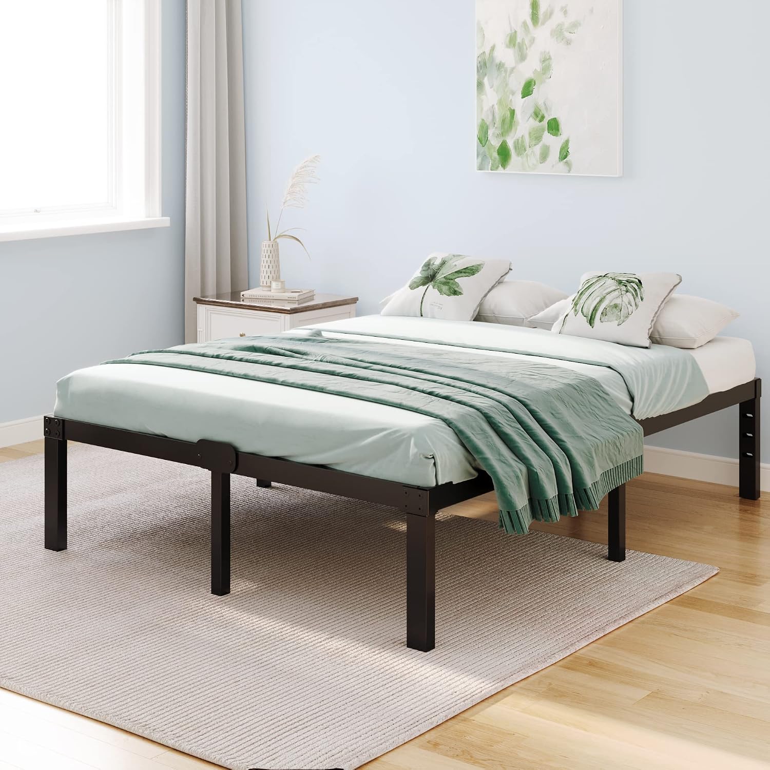 King Bed Frame and Headboard Holes with Storage No Box Spring Needed Black Metal Platform Heavy Duty Bed Frames Support up to 3500 Lbs Noise Free Easy Assembly Non-Slip Design 14 Inch