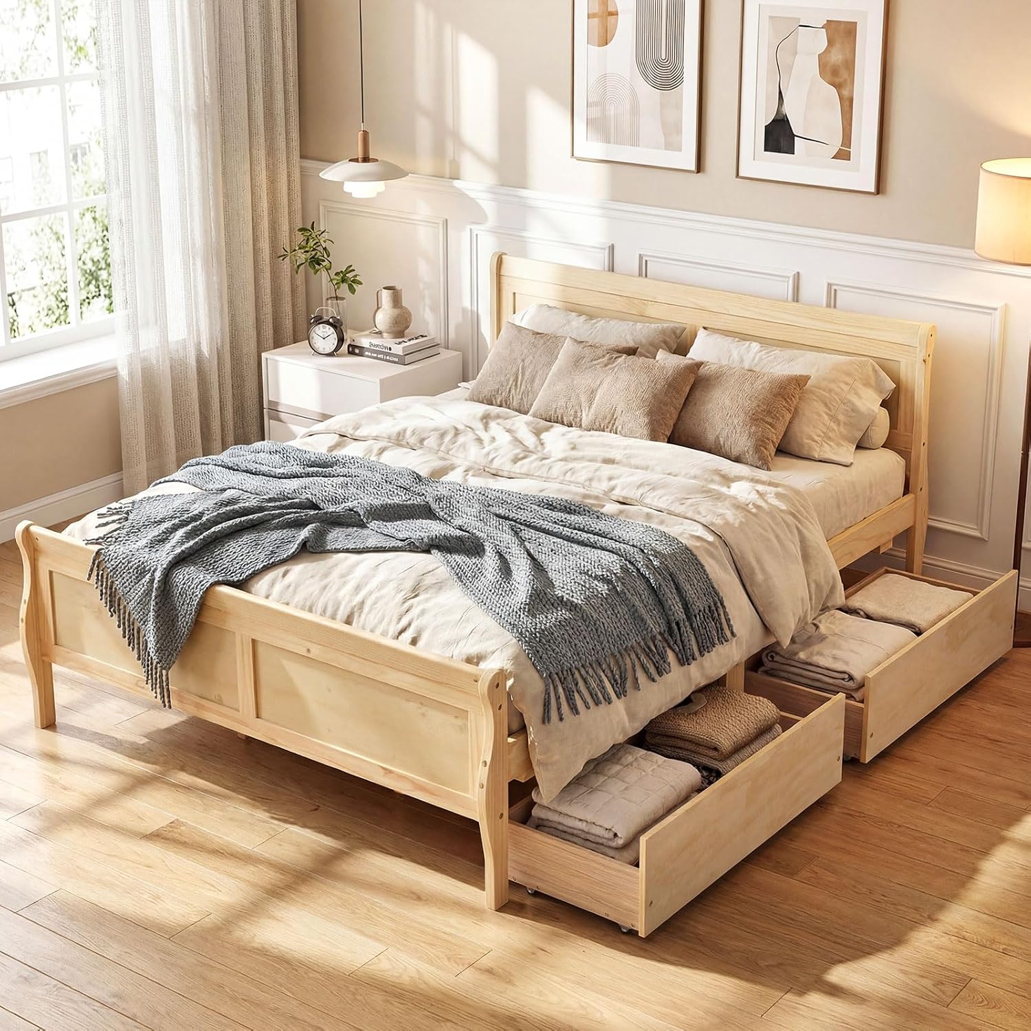 Giantex Full Bed Frame with 2 Storage Drawers, Wood Platform Bed with Headboard & Footboard, Wooden Slats Support Mattress Foundation, Sleigh Bedframe for Teens Adults, No Box Spring Needed (Natural)