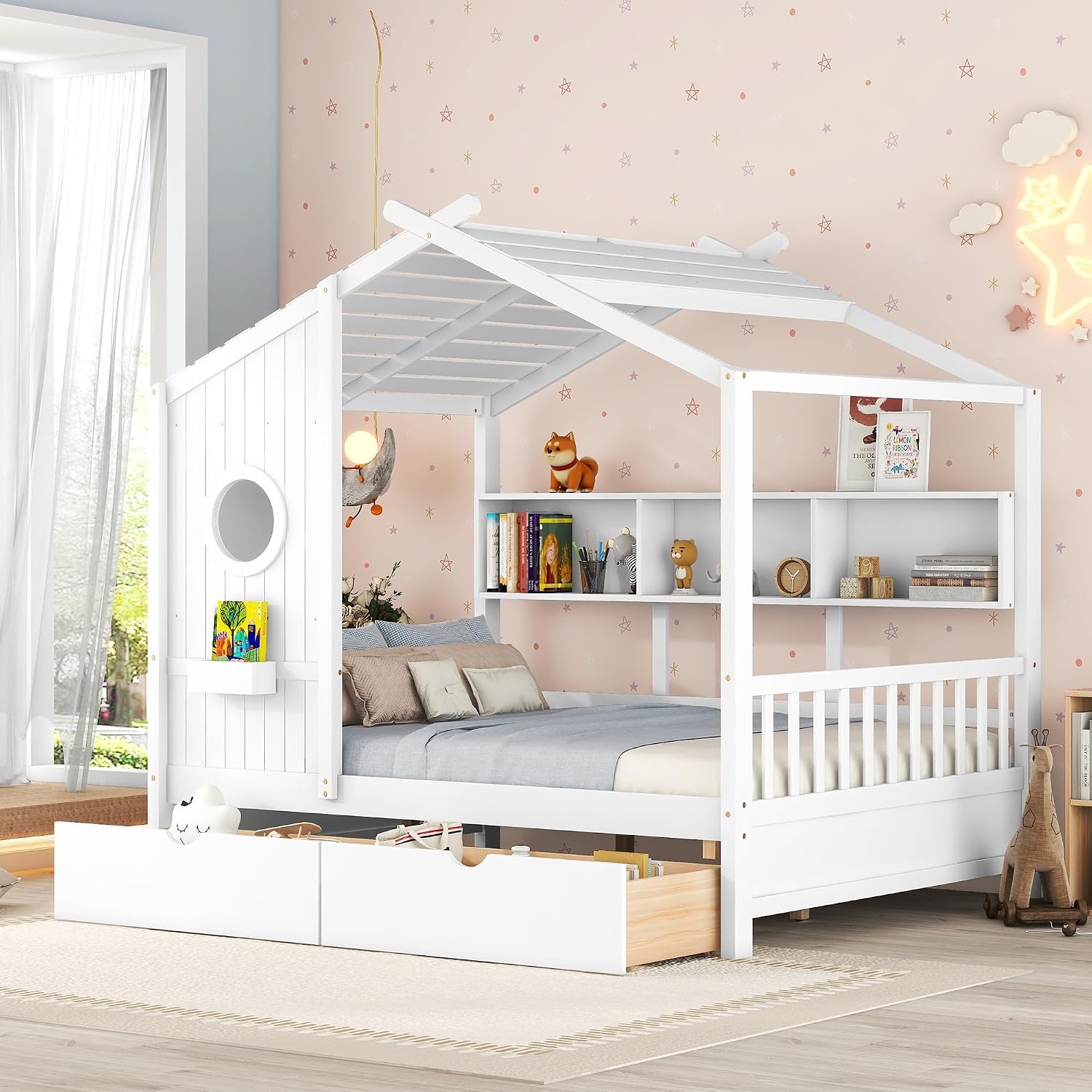 MERITLINE Full Size Kids House Bed with 2 Drawers and Storage Shelf, Wooden Kids Montessori Bed Frame (White)