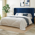 Allewie Queen Size Velvet Platform Bed Frame with Vertical Tufted Wingback Headboard, Easy Assembly, Under Bed Storage, No Box Spring Required, Modern Style, Blue