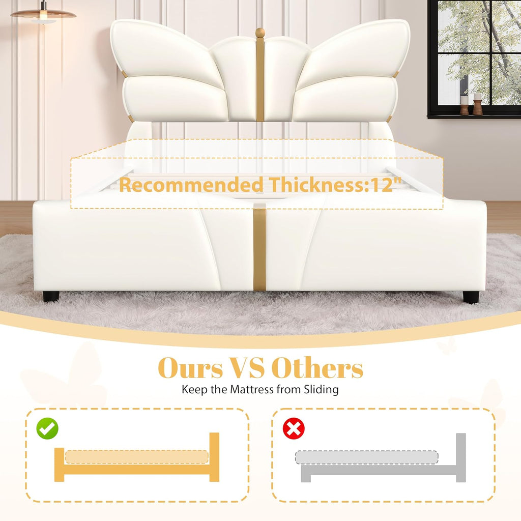Merax PU Leather Upholstered Platform Bed with Butterfly Shaped Headboard and Footboard, Full Size Bed Frame for Bedroom, Solid Wood Slats Support, No Box Spring Needed, Easy Assembly, Beige